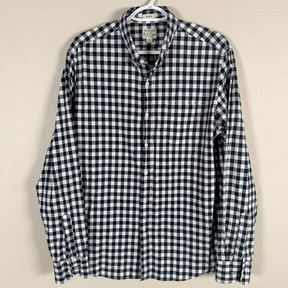 J. Crew Secret Wash Stretch Shirt Button Down Mens L Navy Gingham Organic Cotton